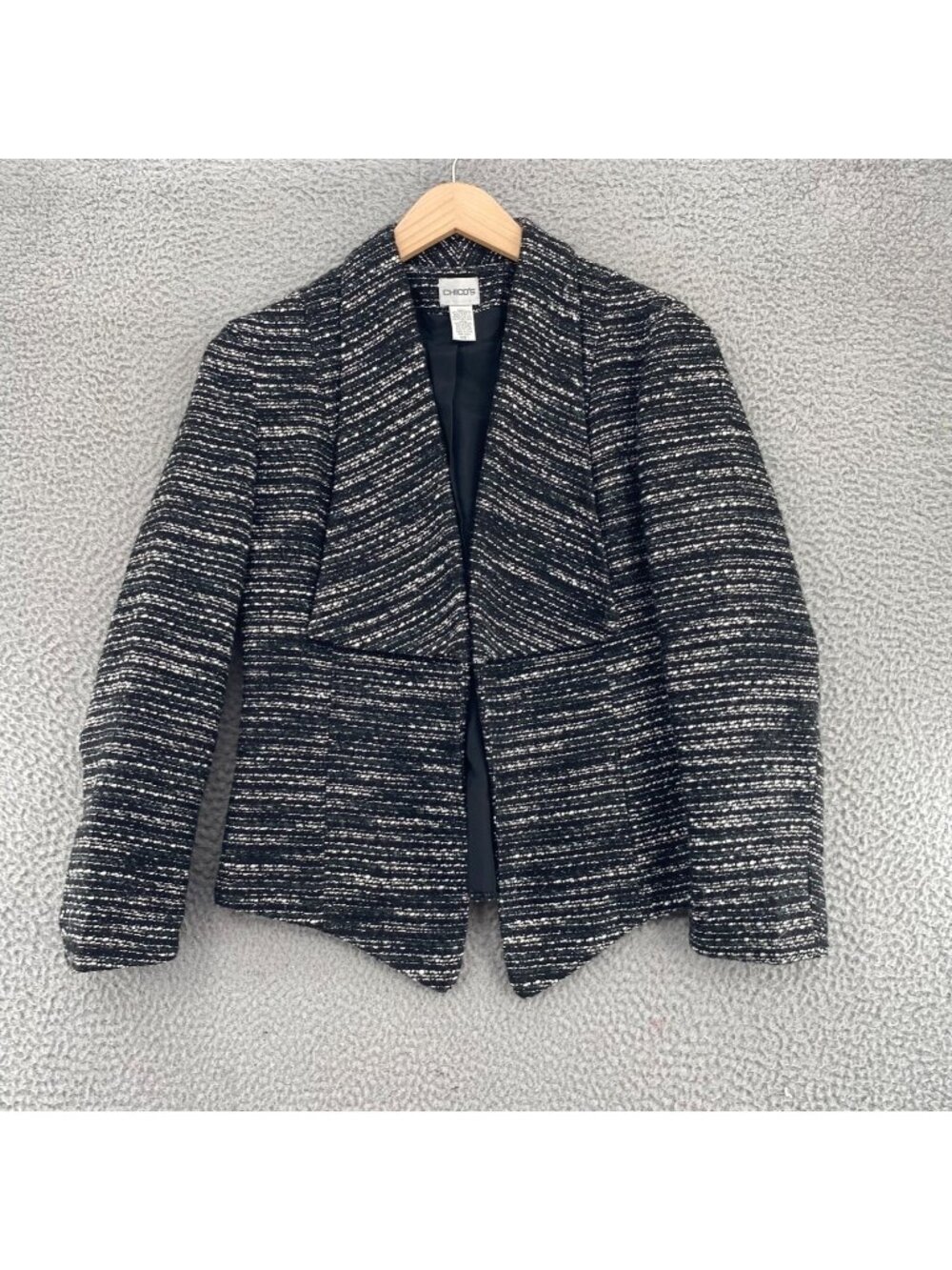 Chicos Coat Women 1 US Medium Black Tweed Wool Blend Open Front Shawl Lapel Work